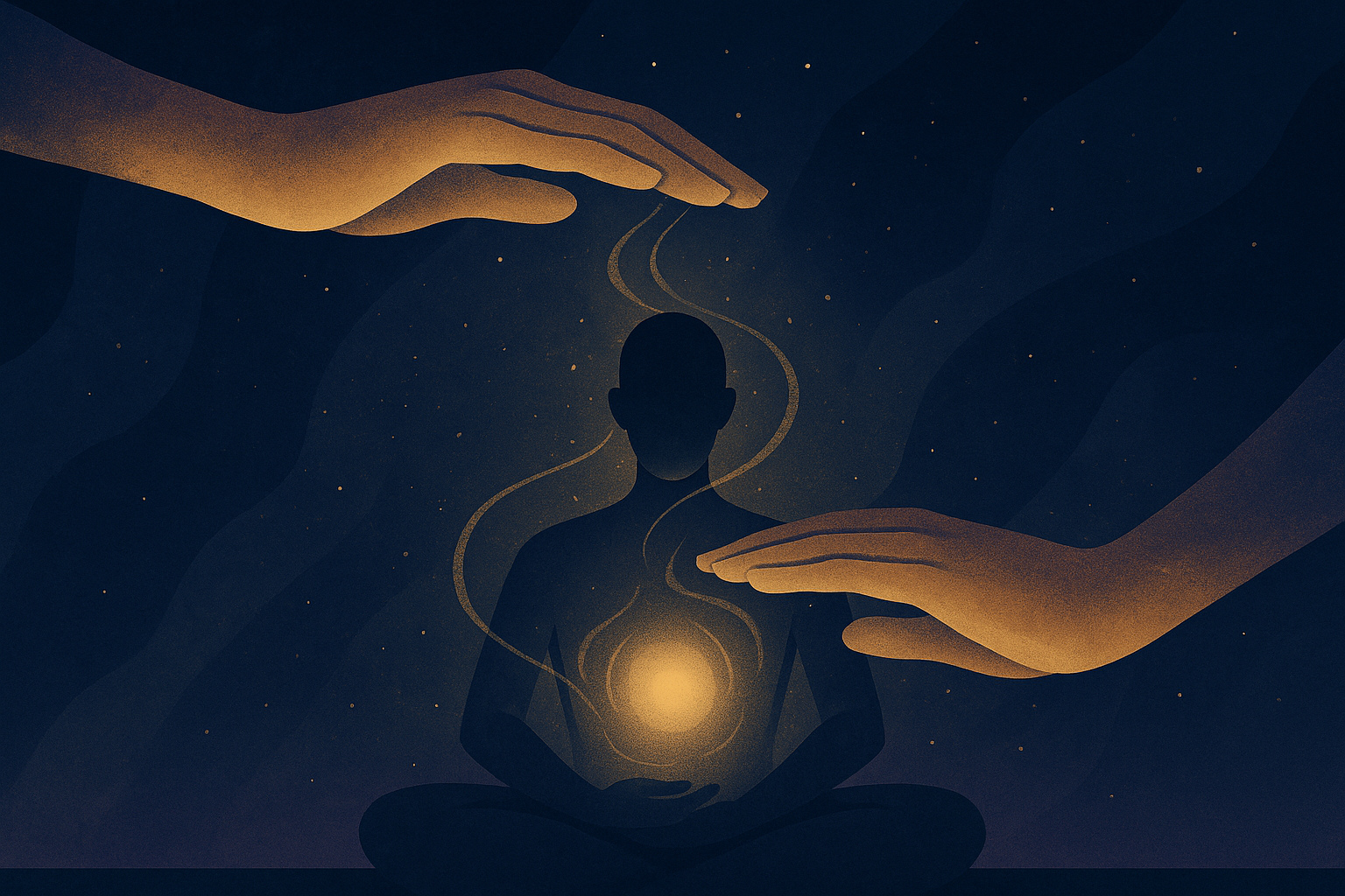 Reiki — energy illustration in a navy-gold palette